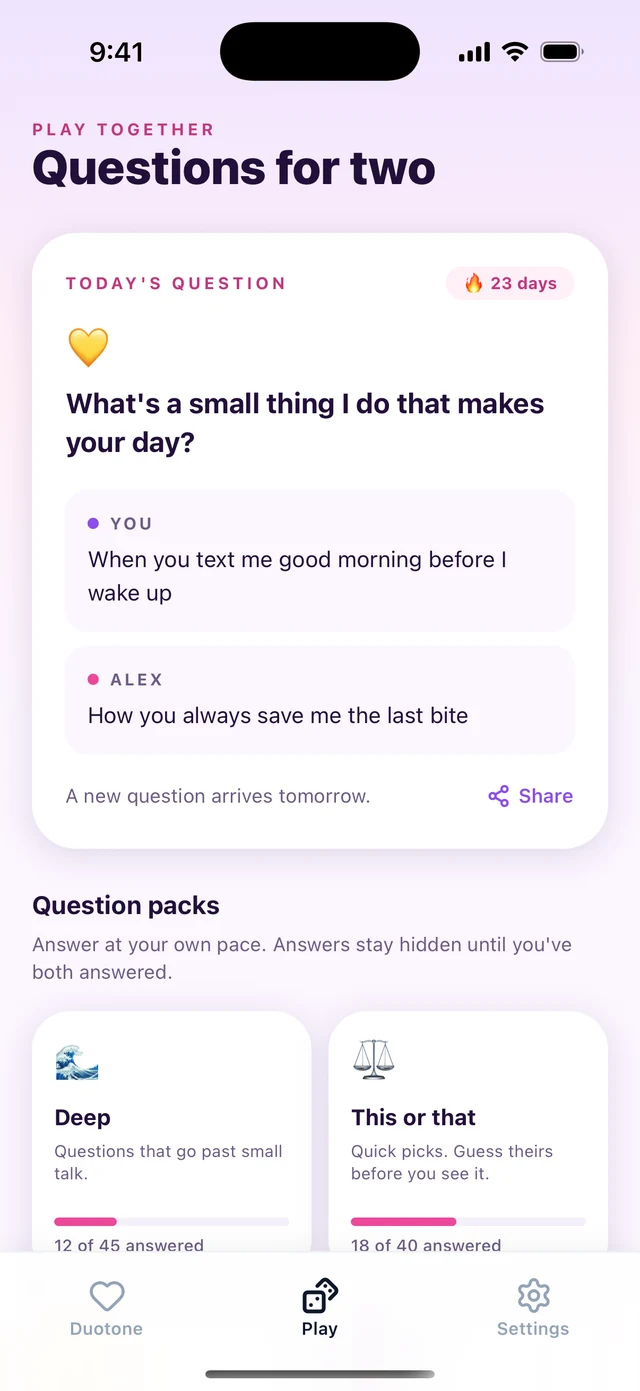 Duotone app: today's question, What's a small thing I do that makes your day?, with both answers revealed and a 23-day streak
