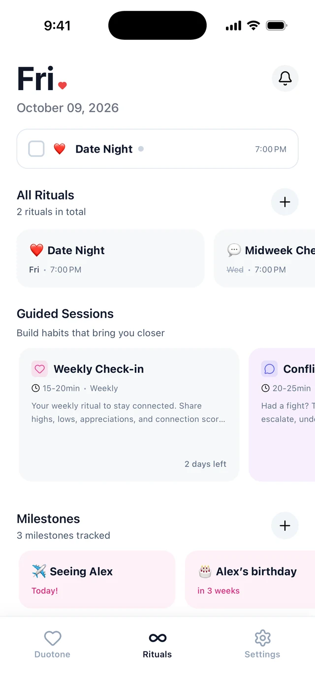 Duotone app: Date Night ritual due today, guided sessions, and milestones like Seeing Alex today and Alex's birthday in 3 weeks